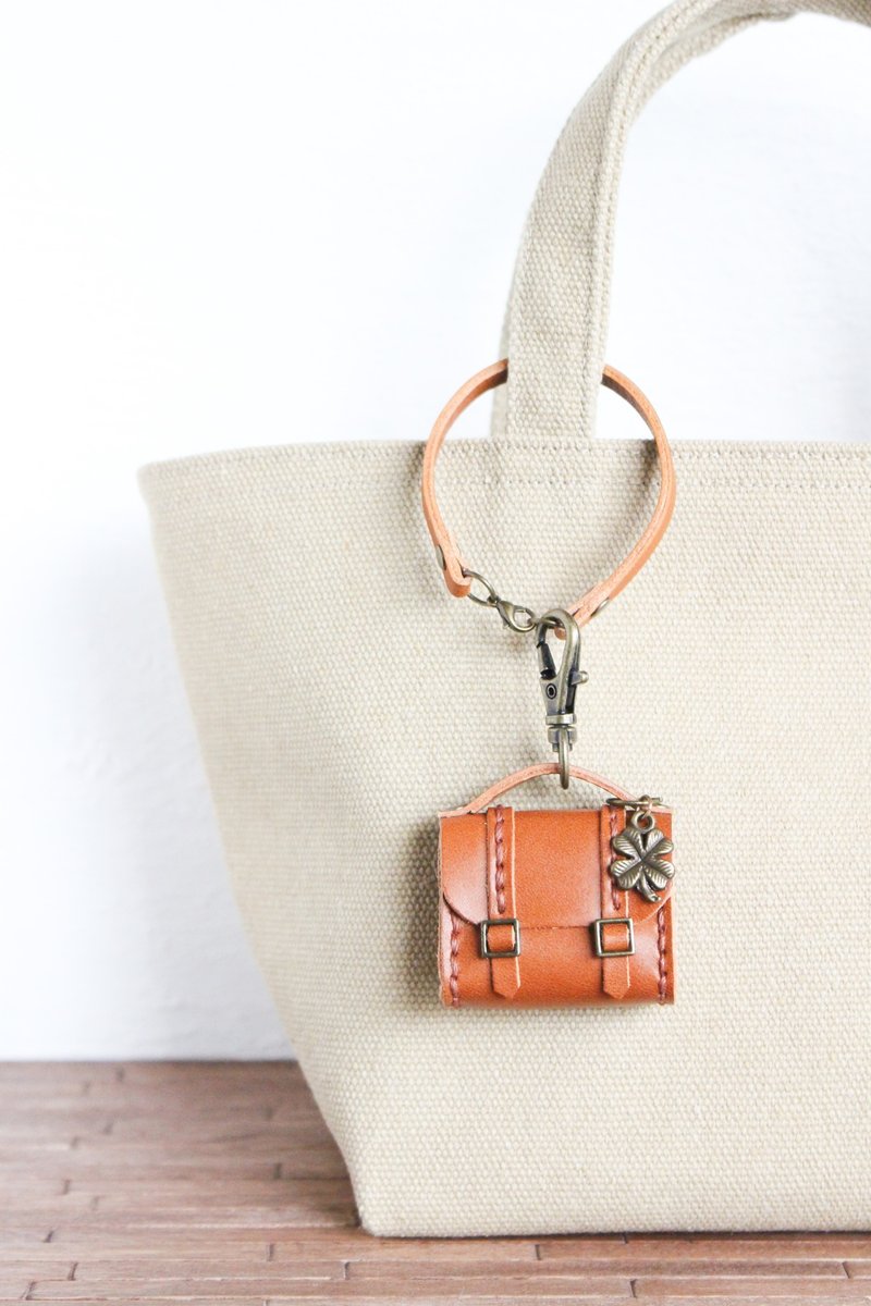 Genuine Leather Miniature Student Bag Bag Charm Brown with Strap - พวงกุญแจ - หนังแท้ สีนำ้ตาล