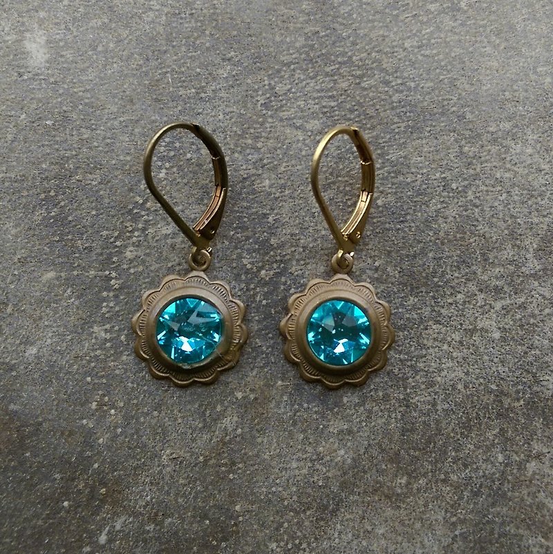 復古淡藍古董玻璃黃銅耳環 - 耳環/耳夾 - 寶石 