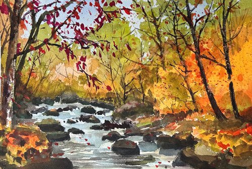 [萌えるような秋 の風景]水彩画 木製フレーム付き 萌えるような秋 の風景]水彩画 木製フレーム付き 萌えるような秋 の