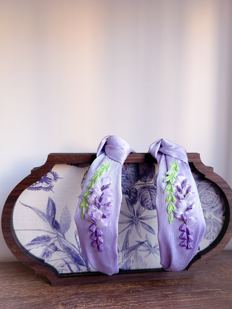 (紫藤 2024) 和風布花 髮箍 擬刺繡 つまみ細工 - 髮飾 - 絲．絹 紫色