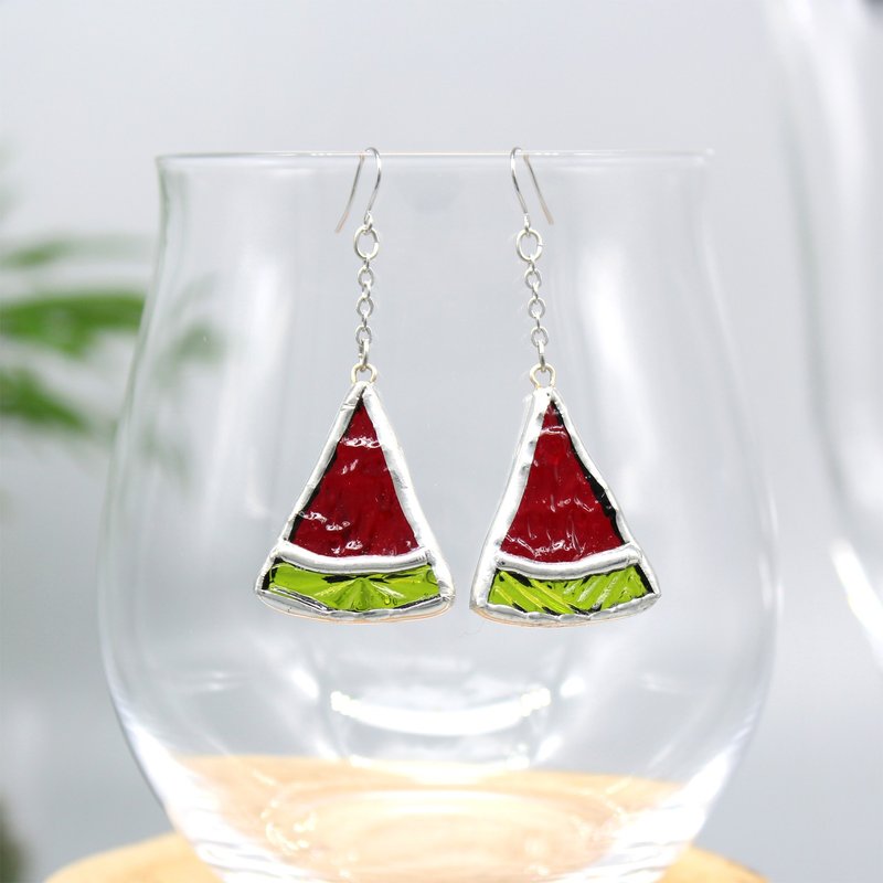 Cute stained glass earrings vol.2 [Watermelon] - Earrings & Clip-ons - Glass Red