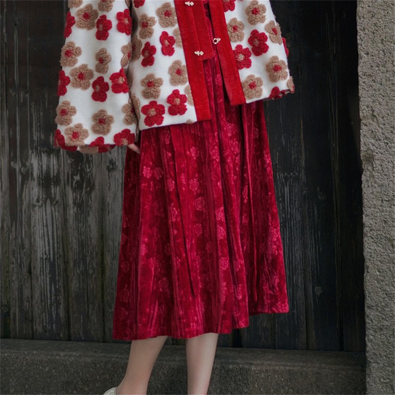 Winter rose red new Chinese style skirt thickened autumn and winter design national style retro skirt - Skirts - Polyester Red