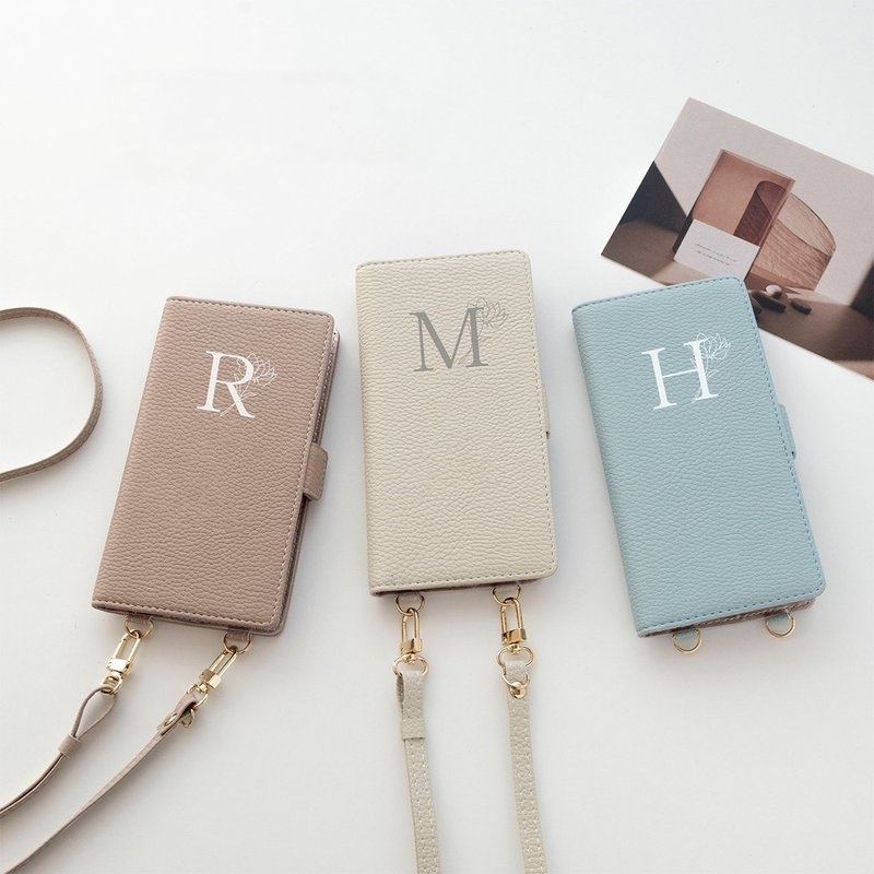 全機種対応 スマホケース 縦向き 手帳型 【 Simple イニシャル × 花 】 スマホショルダー くすみカラー アルファベット AE17U - 手機殼/手機套 - 人造皮革 咖啡色
