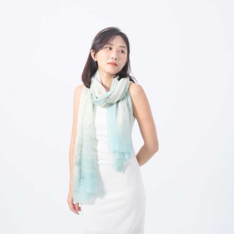 霧綠畫境 | 繽紛印花戒指絨 - 圍巾/披肩 - 羊毛 綠色