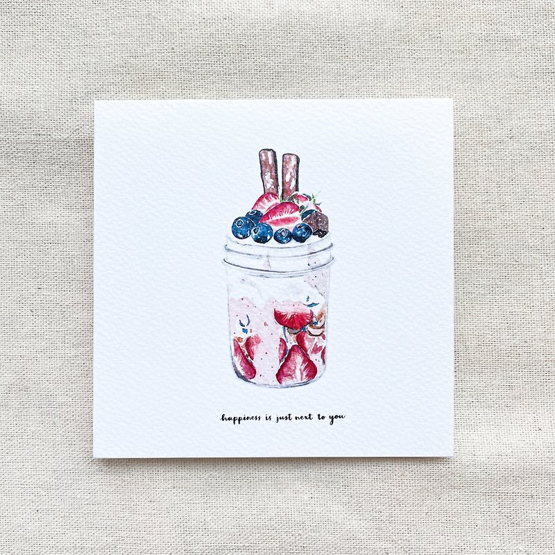 【Watercolor Illustration Postcard】Strawberry Cheese Cup - Cards & Postcards - Paper Pink