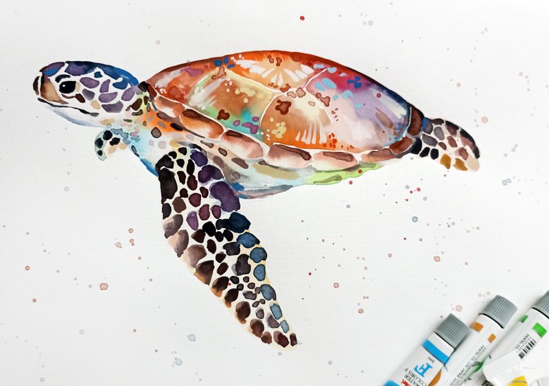 Watercolor original art sea turtle room decor painting by Anne Gorywine - 壁貼/牆壁裝飾 - 紙 紅色