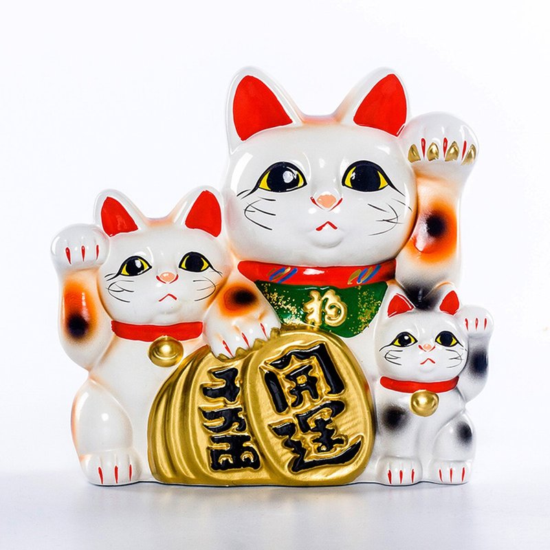 Tokoname-yaki three cats made in Japan ten thousand two lucky lucky lucky cat ceramic ornaments opening gift piggy bank - Coin Banks - Pottery 