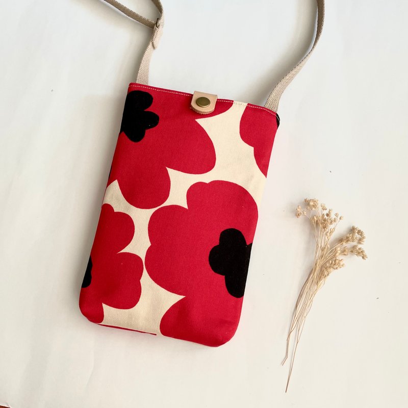 Poppy flower. Mobile phone sling bag. Zippered interior pocket. Leather buckle strap. Can be worn around the neck and worn across the shoulder. Design cloth - Messenger Bags & Sling Bags - Cotton & Hemp Red