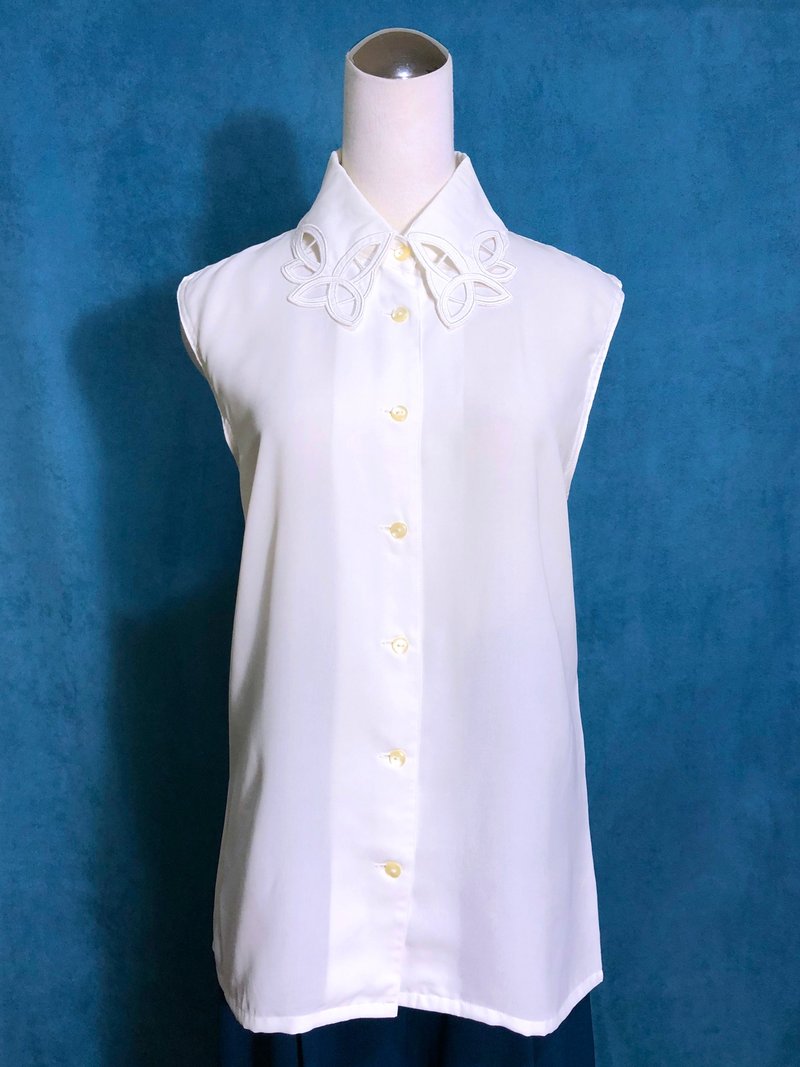 刺繡葉形領無袖古著襯衫/ VINTAGE - 女襯衫 - 聚酯纖維 白色