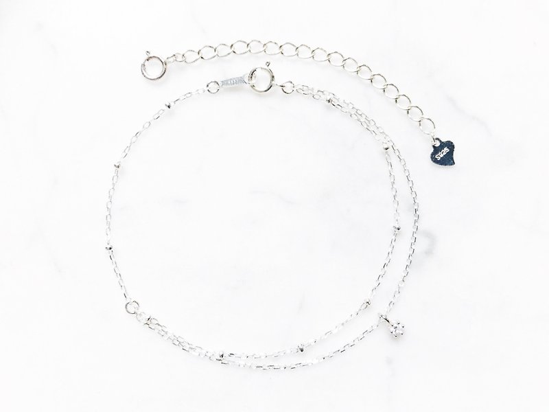 ::Sun and Moon Series :: Mini Silver Ball Single Diamond Asymmetric Double Chain Bracelet / Anklet / Dual Chain (2.0) - กำไลข้อเท้า - เงินแท้ 