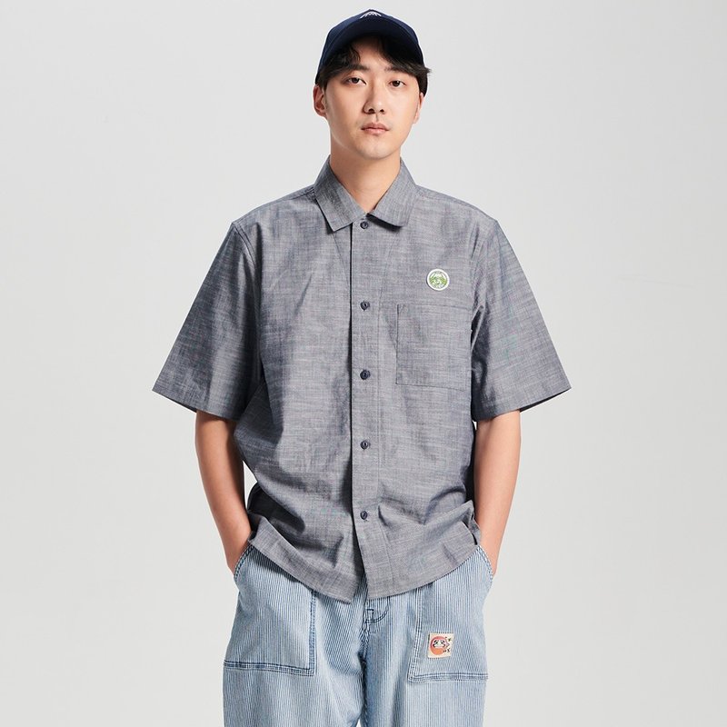 江戶勝 日系 男裝 後刺繡三繡花短袖襯衫(石洗綠) #上衣#襯衫 - 男襯衫/休閒襯衫 - 棉．麻 灰色