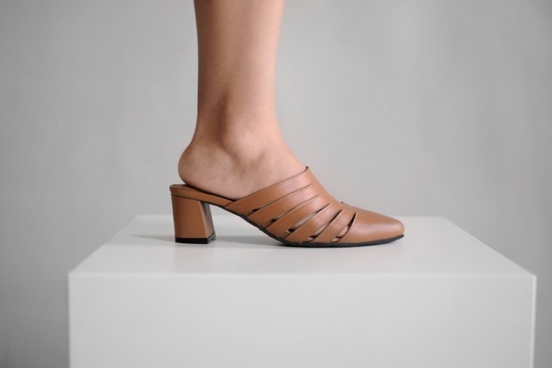 Shärk Heels (Brown) Mid-high Mule | WL - Mules - หนังแท้ สีนำ้ตาล
