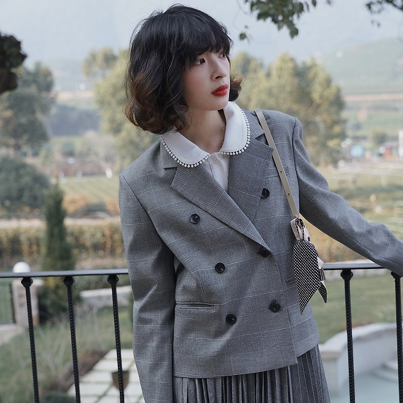 Light gray checkered suit|Jacket|Top|Suit|Spring style|Japanese fabric|Sora-688 - Women's Blazers & Trench Coats - Other Man-Made Fibers Gray