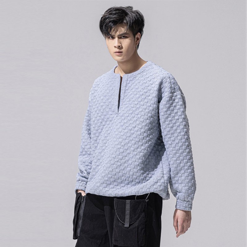 品立男裝秋季寬松上衣華夫格套頭衛衣 - 男 T 恤 - 聚酯纖維 灰色