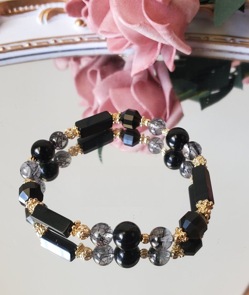 Black Knight-Guard against negative energy/Black Tourmaline/Black Agate/Golden Stone/Black Hair Crystal - สร้อยข้อมือ - คริสตัล สีดำ