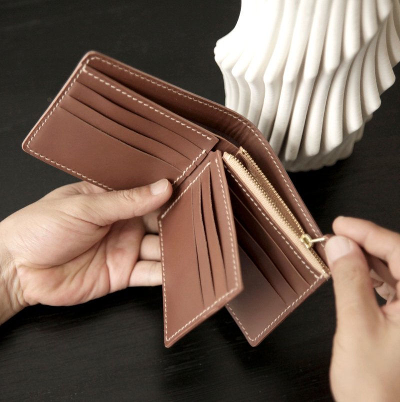 皮夾diy材料包/完成品 三折拉鏈錢包 牛皮短夾散紙袋銀包刻字禮物 - 皮件/皮革 - 真皮 