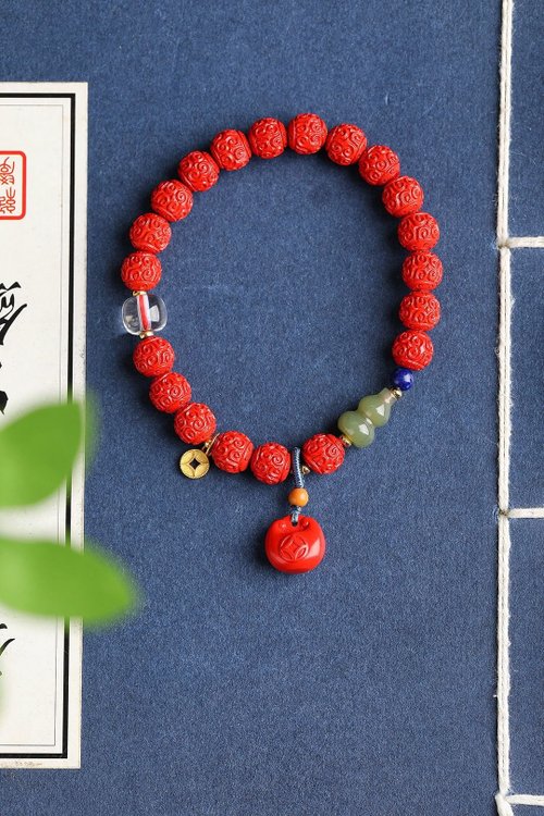 水墨 天然原礦硃砂精品紅砂回紋珠手鏈 硃砂含量高達95%以上