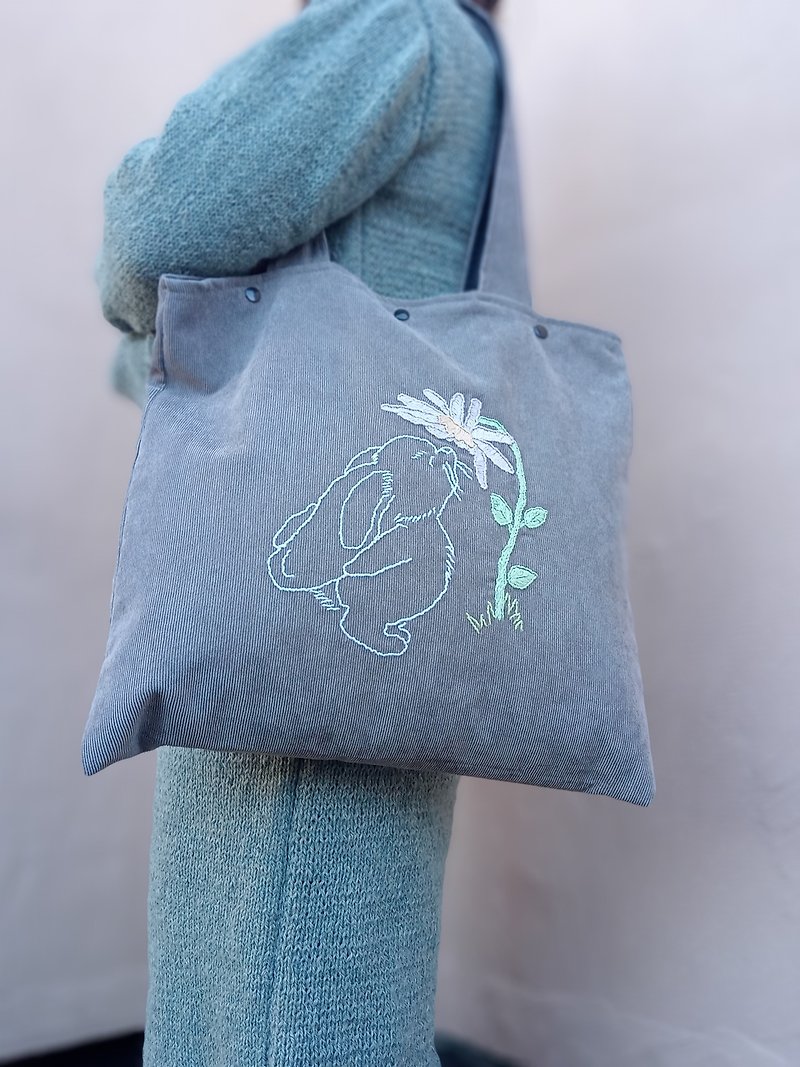 Gray light corduroy tote bag with lining and hand embroidery Bunny with flower - Handbags & Totes - Cotton & Hemp Gray