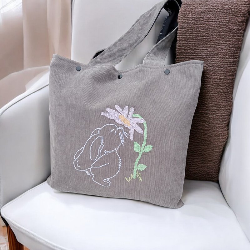 Gray light corduroy tote bag with lining and hand embroidery Bunny with flower - Handbags & Totes - Cotton & Hemp Gray