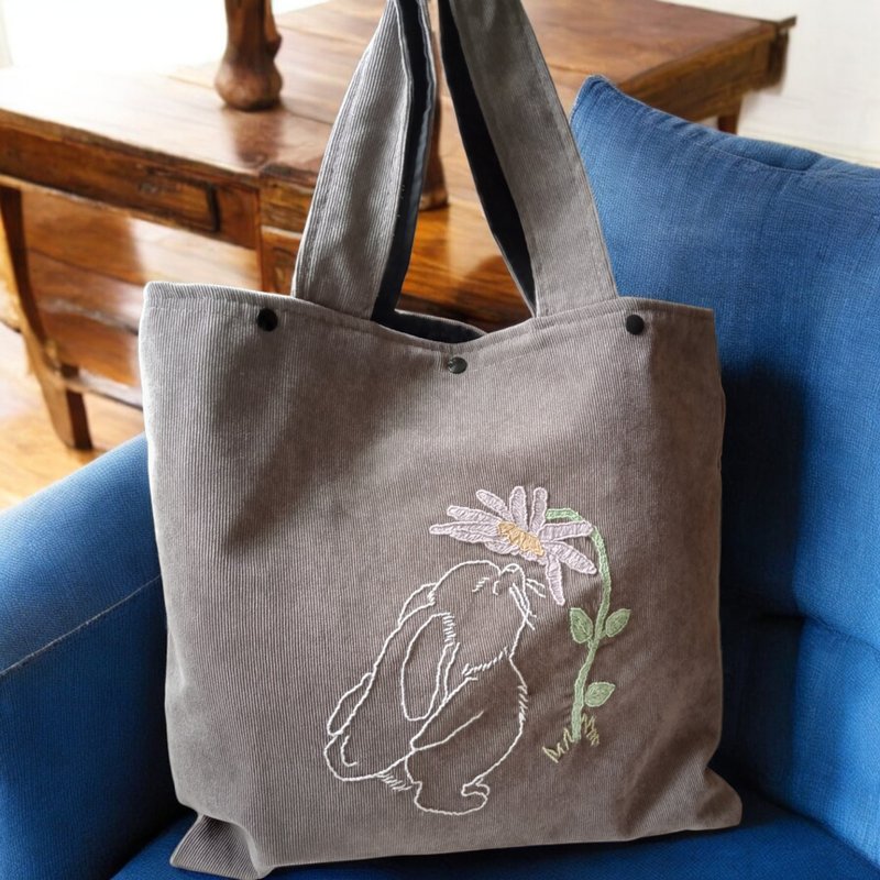 Gray light corduroy tote bag with lining and hand embroidery Bunny with flower - Handbags & Totes - Cotton & Hemp Gray