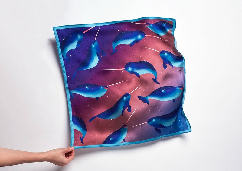 Ocean Silk Satin Scarf (Narwhal), Pure Silk Satin, Square Scarf - 絲巾 - 絲．絹 藍色
