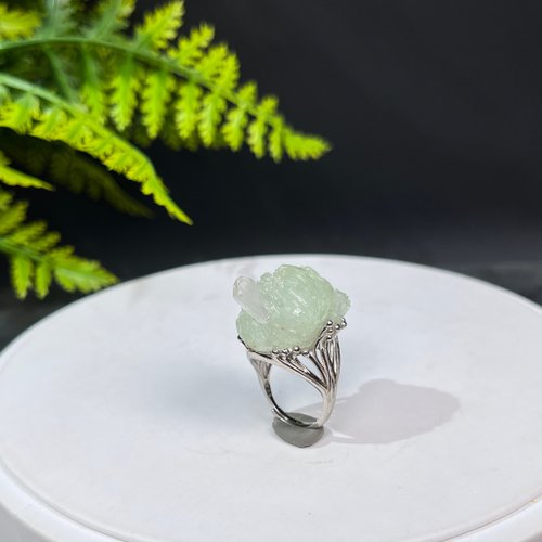 WANZAMGOK 獨特綠色水晶活口戒指 星光閃片隨形原石標本礦物手工指環 S925銀