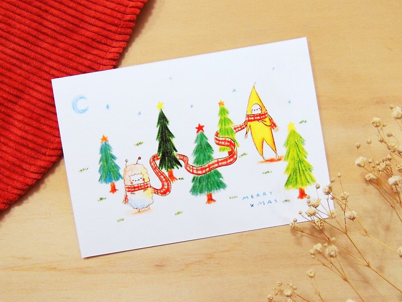 スカーフ付きクリスマスポストカード - 黄色のバナナスター - カード・はがき - 紙 ホワイト