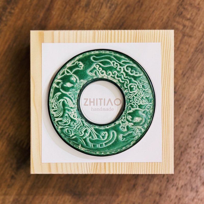 原創手工製作牛皮劍道刀鐔 貓侍武者 霧蠟綠 劍鍔 Tsuba - 運動配件 - 真皮 綠色