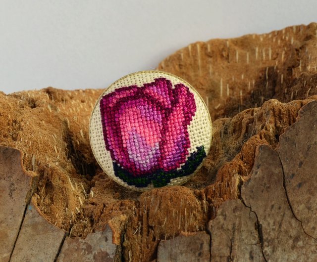 ローズ刺繍ラウンド リング、クロス ステッチの自然ジュエリー、手作り