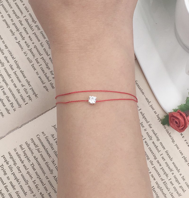 925 sterling silver four-claw diamond with one more circle of red line bracelet extended love superfine solitaire - สร้อยข้อมือ - ผ้าฝ้าย/ผ้าลินิน สีแดง