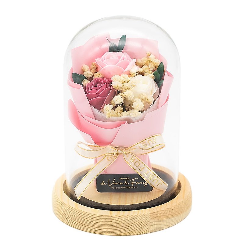 Devalier Soap Flower, Flower Dome, Rose, Bouquet, Natural Wood, Glass, Birthday Gift, Female Flower lover , Devalier Original hi-01-pas - ของวางตกแต่ง - แก้ว สึชมพู