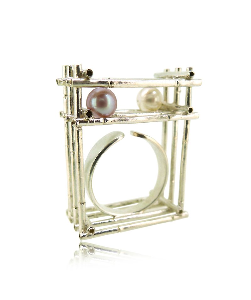 925 Silver Bamboo Scaffolding Pearl Ring - General Rings - Silver Multicolor