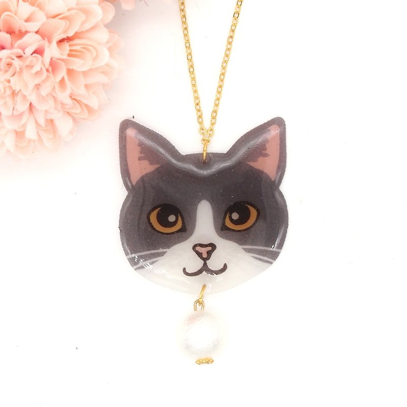 Meow handmade cat and cotton pearl necklace - grey and white cat - Necklaces - Acrylic Gray