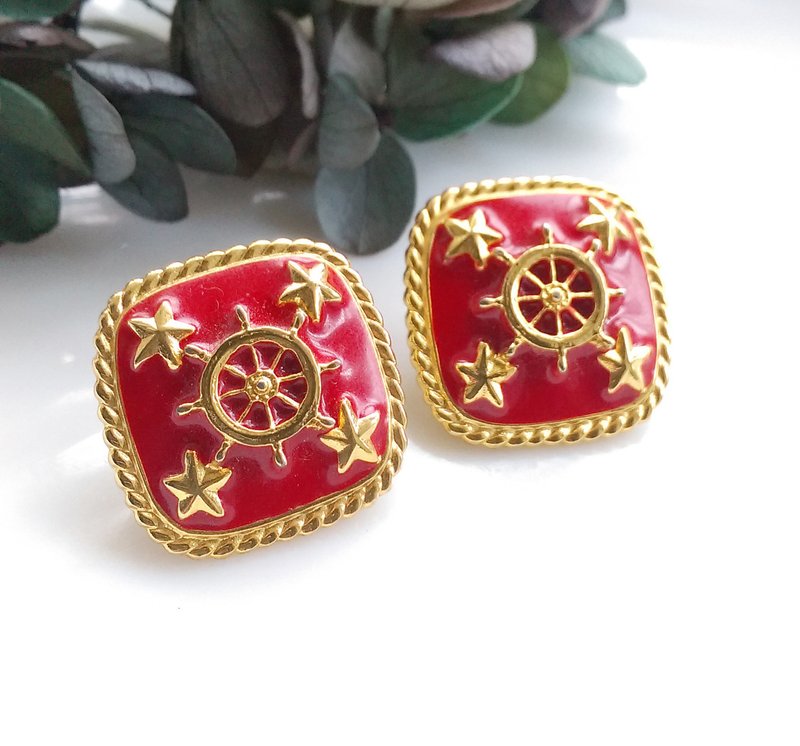 Vintage Jewelry 西洋古董飾品 摩登紅琺瑯 船舵 針式耳環 - 耳環/耳夾/耳骨夾 - 其他金屬 金色