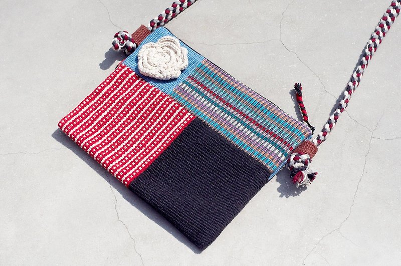Christmas gift is limited to one natural hand-woven fabric stitching cross-body bag / backpack / shoulder bag / small bag / travel bag-gorgeous red geometric ethnic patchwork design - Messenger Bags & Sling Bags - Cotton & Hemp Multicolor