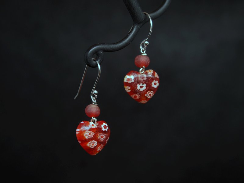 #GE0127 Murano Glass Beads Earring - ต่างหู - แก้ว สีแดง