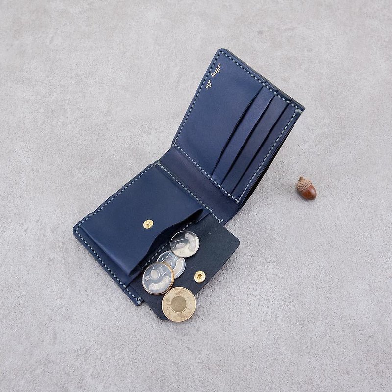 Short Clip Silver Men's Wallet Dark Blue Leather Wallet Classic Hand-Sewn Leather Bag - กระเป๋าสตางค์ - หนังแท้ สีน้ำเงิน