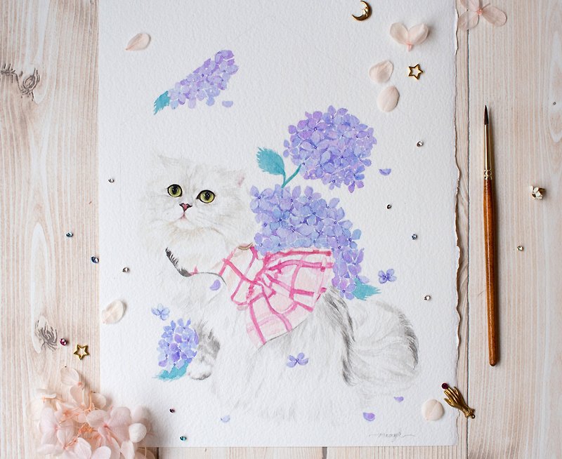 客製化 寵物 花卉 手繪 水彩  - 房子 家 A4 一位毛孩 (全身含框) - 似顏繪/人像畫 - 紙 多色