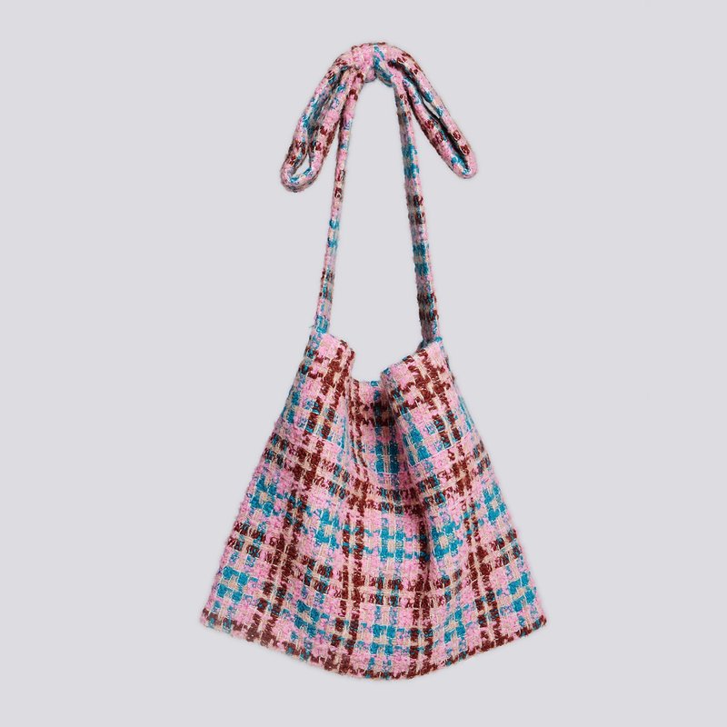 Drape Bow Bag - Pink Plaid - กระเป๋าถือ - ขนแกะ สึชมพู