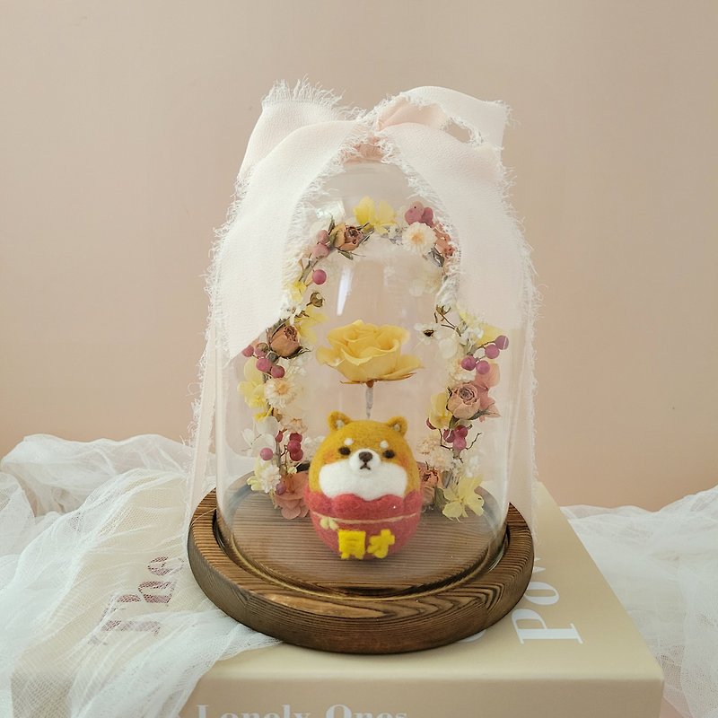 Preserved Flower Glass Cover Decoration | Wool Felt - Chaiyuan Gungun + Arch - Warm Pink Spring - Items for Display - Plants & Flowers Red