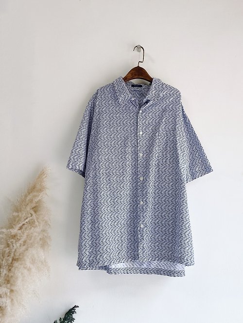 河水山 海藍洋流小魚遊玩 古著棉質夏威夷襯衫上衣 vintage Aloha Shirt