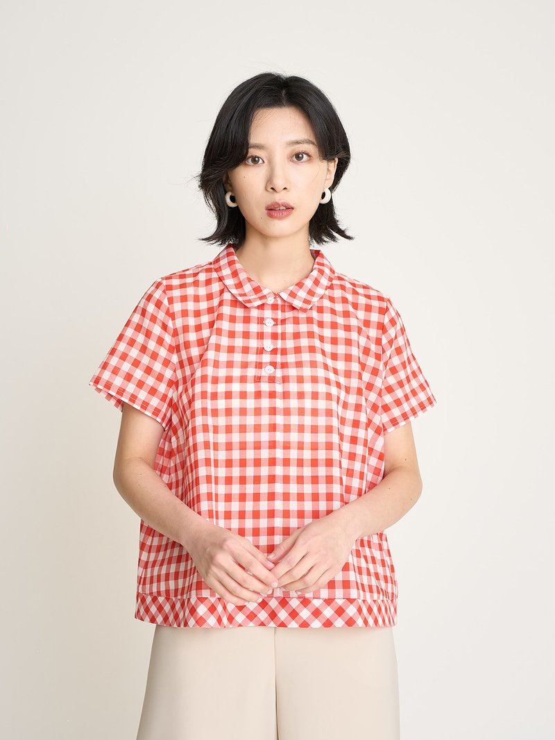 Small plaid half-breasted patchwork top-red and white plaid - เสื้อยืดผู้หญิง - ไฟเบอร์อื่นๆ สีแดง