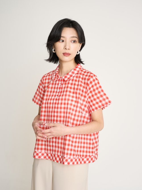 許許兒 XUXUWEAR 小格半襟拼接上衣-紅白格