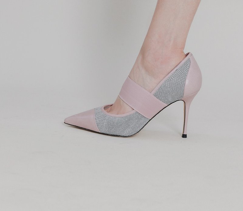 [Clearance SALE] Elegant stitching bandage leather heels gray powder - High Heels - Genuine Leather Gray