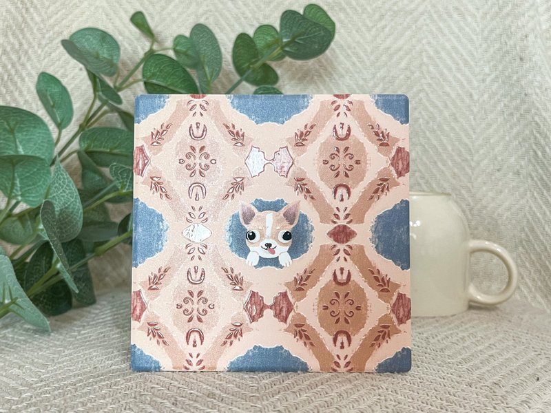 Tile peek-a-boo coaster Chihuahua | Wedding souvenir Yingge ceramic three-dimensional pattern wooden gift box - ที่รองแก้ว - ดินเผา หลากหลายสี