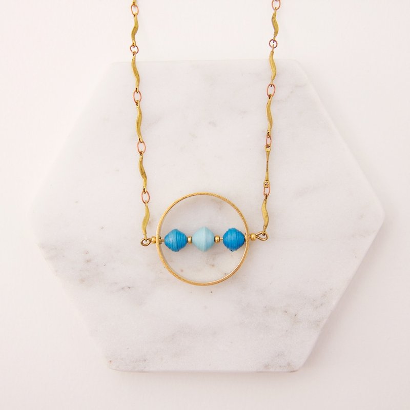 [Small roll paper hand-made/paper art/jewelry] long blue beads necklace - สร้อยคอยาว - ทองแดงทองเหลือง สีน้ำเงิน