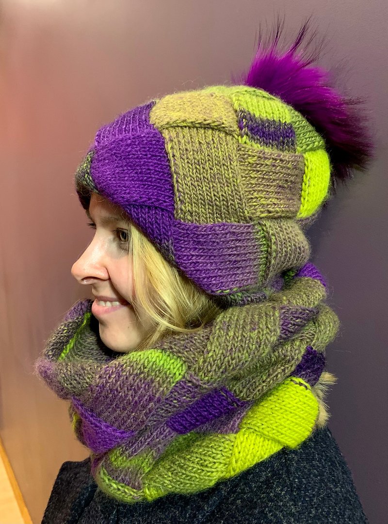 Wool Hats & Caps Multicolor - Winter knitted hat scarf Set,Warm fur pompom Hat,Entrelac Hat & Scarf Neckwarmer
