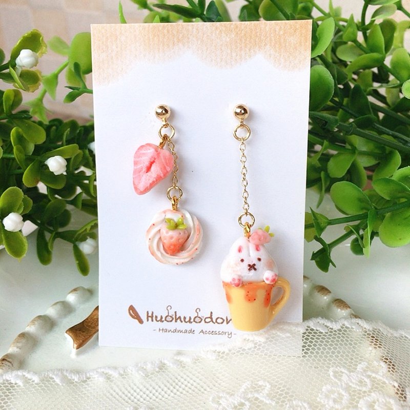 Original handmade sweet and cute cream strawberry cup rabbit asymmetrical Silver earrings ear clips girlfriends gift - Earrings & Clip-ons - Other Materials 