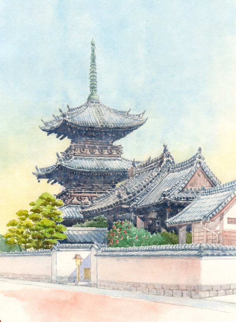Watercolor three-storied pagoda - โปสเตอร์ - กระดาษ สีเทา