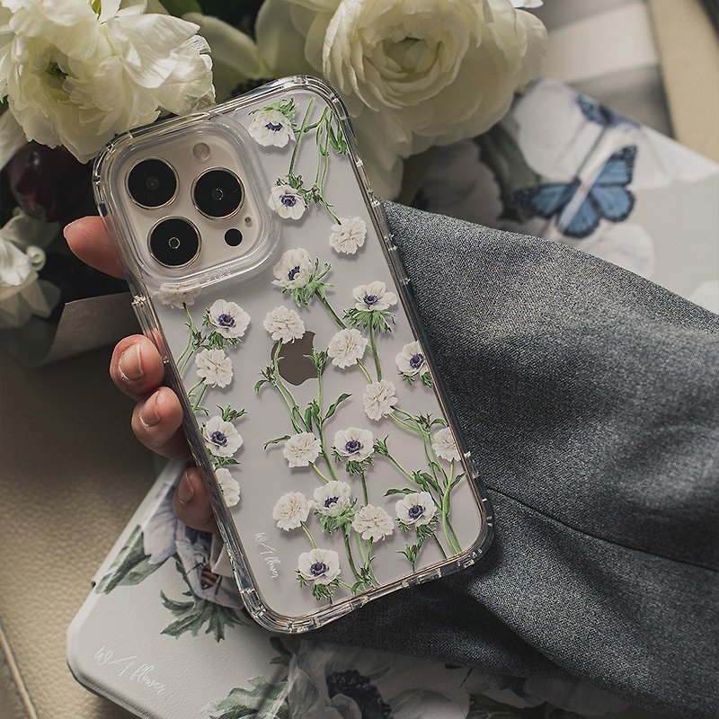 Langhua co-branded pure white blooming floral anti-yellow and anti-fall MagSafe iPhone case - เคส/ซองมือถือ - พลาสติก สีใส